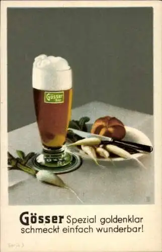 Ak Werbung, Gösser Brauerei AG, Bierglas, Brötchen