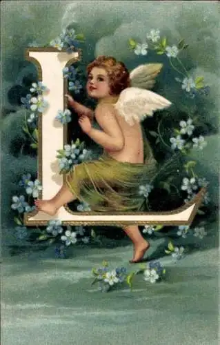 Präge Buchstaben Ak Buchstabe L, Engel, Vergissmeinnicht