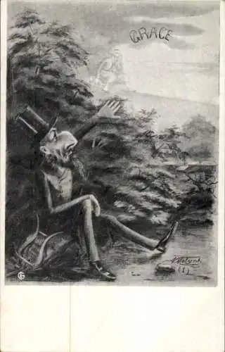 Künstler Ak Dreyfus, Karikatur, Versteckter Mann bewundert eine schöne Frau