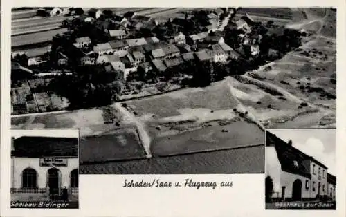 Ak Schoden an der Saar, Fliegeraufnahme, Saalbau Bidinger, Gasthaus zur Saar