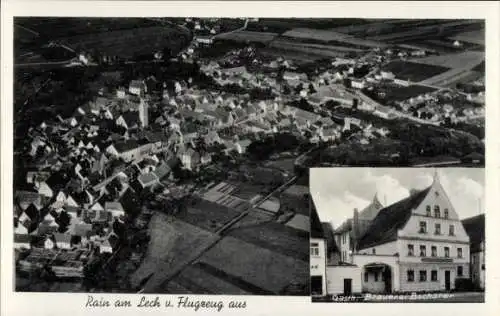 Ak Rain am Lech in Schwaben, Gasthaus und Brauerei, Blick auf den Ort, Fliegeraufnahme