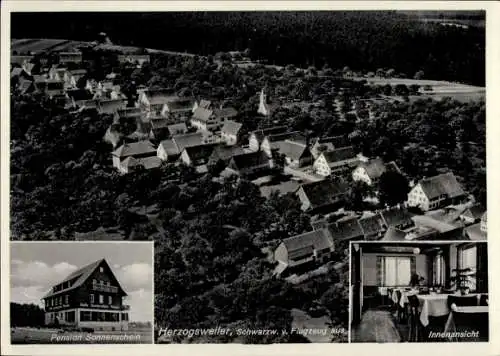 Ak Herzogsweiler Pfalzgrafenweiler im Schwarzwald, Fliegeraufnahme, Pension Sonnenschein