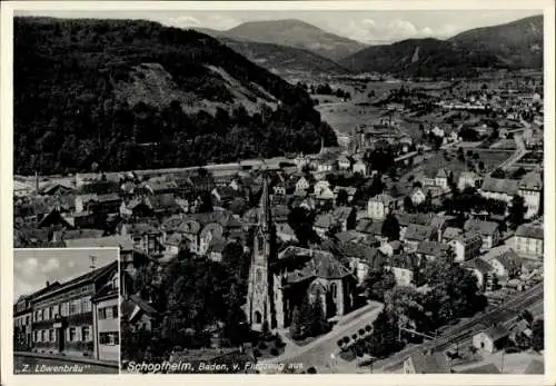 Ak Schopfheim in Baden, Fliegeraufnahme, Kirche, Z. Löwenbräu