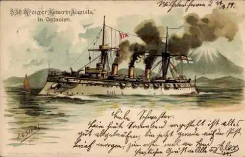 Künstler Litho Siehl, Deutsches Kriegsschiff, SMS Kaiserin Augusta, Kreuzer, in Ostasien