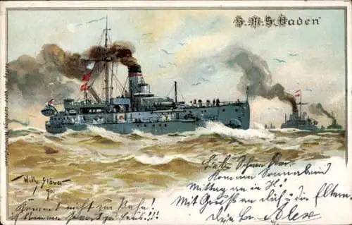 Künstler Litho Stöwer, Willy, Deutsches Kriegsschiff, SMS Baden, Großlinienschiff