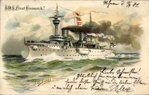 Präge Künstler Litho Siehl, J.G., Deutsches Kriegsschiff, SMS Fürst Bismarck, Kaiserliche Marine