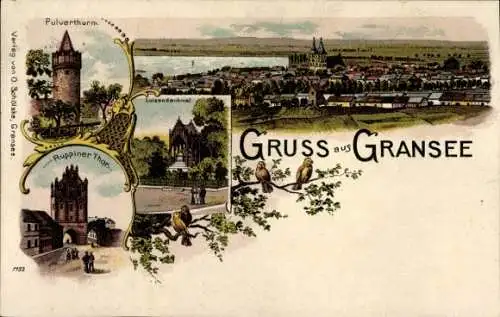 Litho Gransee im Kreis Oberhavel, Pulverturm, Luisendenkmal, Ruppiner Tor, Totalansicht