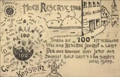 Ak Konstanz am Bodensee, Hoch Reserve 1908, Reservesoldaten, Parole, Soldatenleben