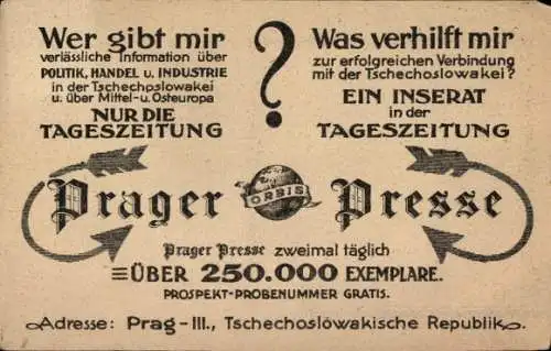 Ak Praha Prag, Prager Presse, Orbis, Tageszeitung, Reklame