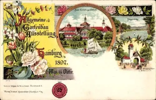 Litho Hamburg Mitte Neustadt, Allgemeine Gartenbauausstellung 1897, Eingangstor, Hängebrücke, Segler