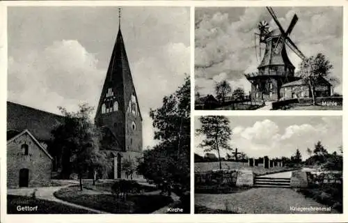 Ak Gettorf in Schleswig-Holstein, Kirche, Windmühle, Kriegerehrenmal