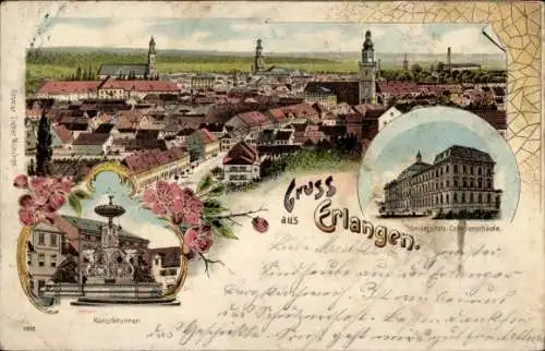 Litho Erlangen in Mittelfranken Bayern, Gesamtansicht, Kunstbrunnen, Kollegiengebäude