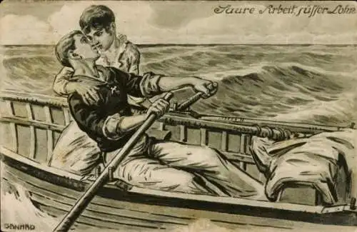 Künstler Ak Saure Arbeit, süßer Lohn, Liebespaar im Ruderboot