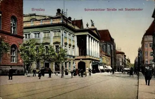 Ak Wrocław Breslau Schlesien, Schweidnitzer Straße, Stadttheater