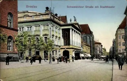 Ak Wrocław Breslau Schlesien, Schweidnitzer Straße, Stadttheater