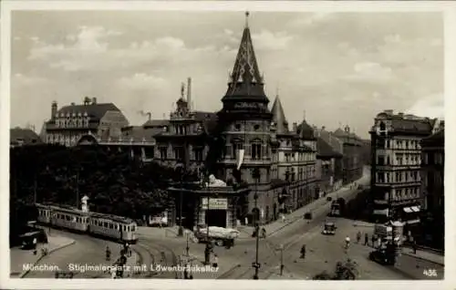 Ak München, Stiglmaierplatz, Löwenbräukeller, Straßenbahnen