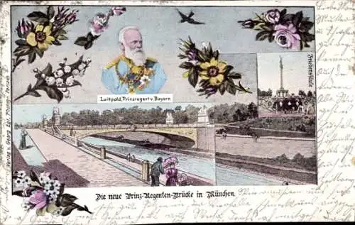 Ak Solln München, neue Prinz-Regenten-Brücke, Friedenssäule