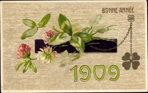 Präge Ak Glückwunsch Neujahr 1909, Kleeblätter, Blüten