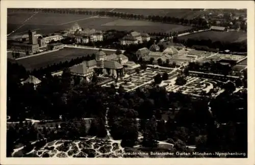 Ak Nymphenburg München Bayern, Königliches Schloss Nymphenburg, Botanischer Garten, Luftbild