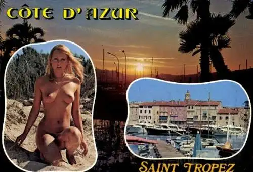 Ak Saint Tropez Var, Hafen, Boote, Nackte Frau am Strand