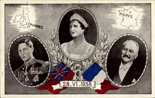 Ak König Georg VI., Königin Elizabeth Bowes Lyon, Präsident Albert Lebrun, 28.6.1938, London, Paris