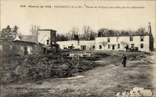 Ak Puisieux Seine-et-Marne, Ferme de Poligny, Incendiée par les Allemands, Guerre de 1914