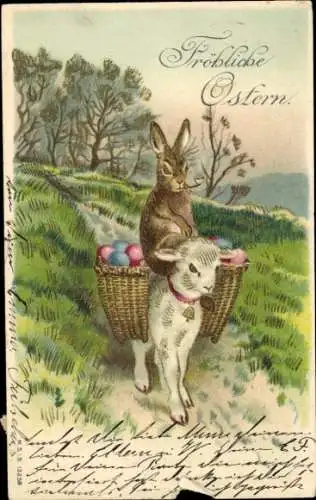 Litho Glückwunsch Ostern, Osterhase, Lamm, Ostereier