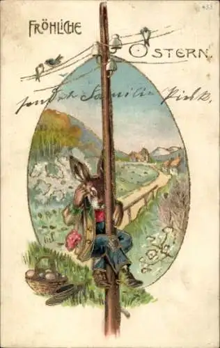 Präge Litho Glückwunsch Ostern, Hase telefoniert