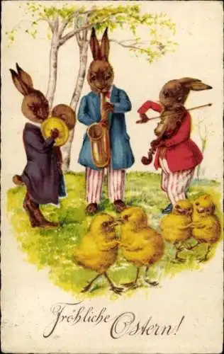 Ak Glückwunsch Ostern, Musizierende Hasen, tanzende Küken