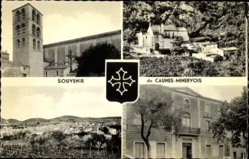 Ak Caunes-Minervois Aude, Kirche, Notre Dame du Cros, vue generale, La Mairie, Wappen