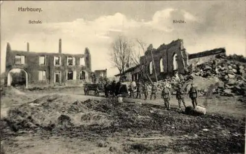 Ak Harbouey Meurthe et Moselle, Ruinen der Schule und Kirche, Kriegszerstörung