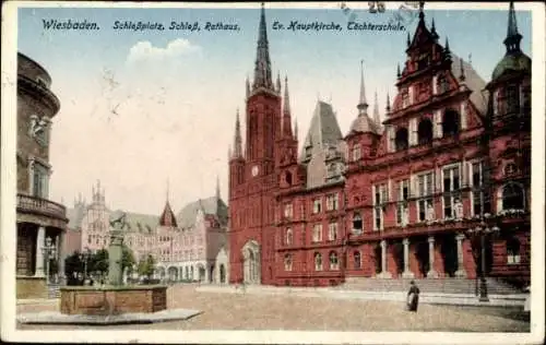 Ak Wiesbaden in Hessen, Schlossplatz, Schloss, Rathaus, Evangelische Hauptkirche, Töchterschule