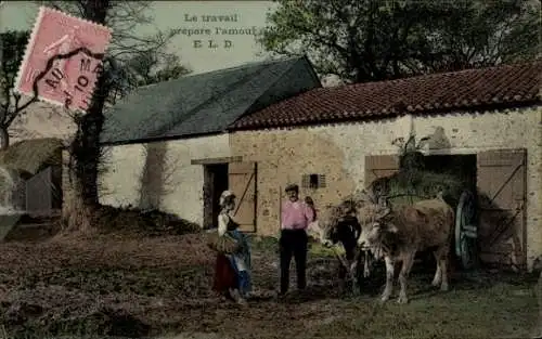 Ak Frankreich, Bauernhof, Bauern, Fuhrwerk, Rinder