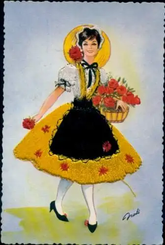 Seidenstick Künstler Ak Frau in spanischer Tracht, Blumenkorb