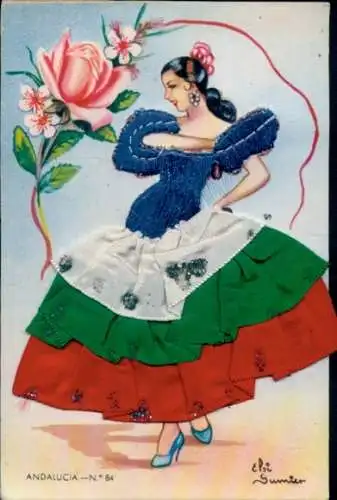 Stoff Künstler Ak Gumier, Andalusien, Frau in Tracht, Kleid, Rose