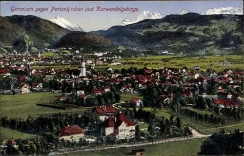 Ak Garmisch Partenkirchen in Oberbayern, Karwendelgebirge, Panorama, Kirche