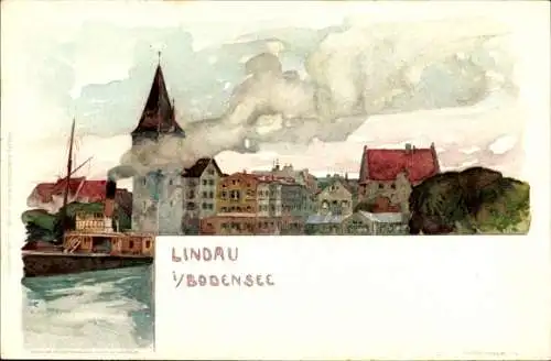 Künstler Litho Voellmy, F., Lindau am Bodensee Schwaben, Stadtblick