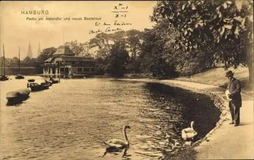 Ak Hamburg, Alsterufer, Bootshaus, Schwäne, Boote, Spaziergänger