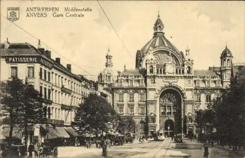 Ak Antwerpen Antwerpen Flandern, Hauptbahnhof, Straßenbahn