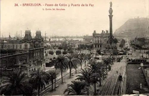 Ak Barcelona Katalonien Spanien, Paseo de Colon und Puerta de la Paz