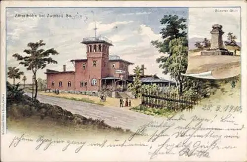 Künstler Litho Zwickau in Sachsen, Alberthöhe, Bismarcksäule, Passanten