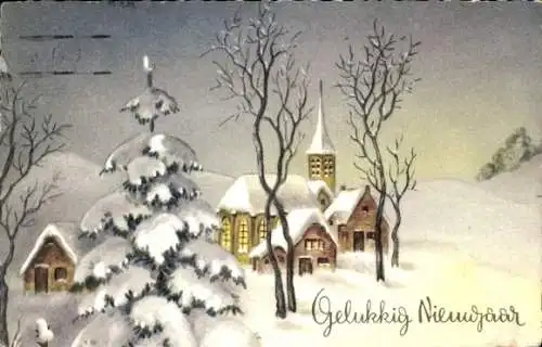 Ak Glückwunsch Neujahr, Kirche, Tannenbaum, Schnee