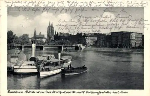 Ak Wrocław Breslau Schlesien, Oderpartie, Lessingbrücke, Dom, Blick v. d. Kaiserbrücke, Salondampfer