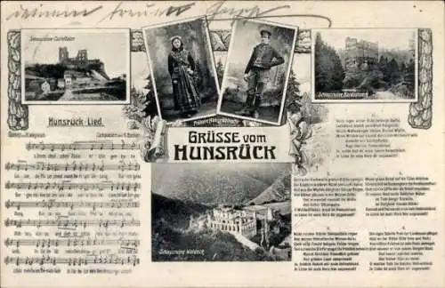 Passepartout Lied Ak Kastellaun im Rhein Hunsrück Kreis, Hunsrücklied, Schlossruine, Tracht