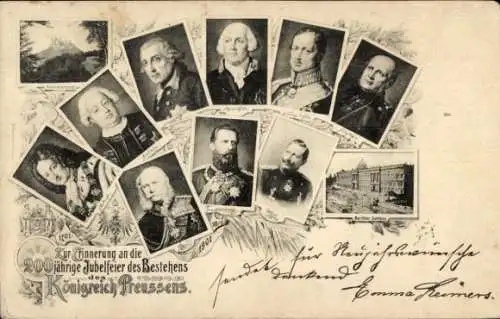 Ak Königreich Preußen, 200jährige Jubelfeier, Wilhelm II, Friedrich III., Friedrich II., Schloss