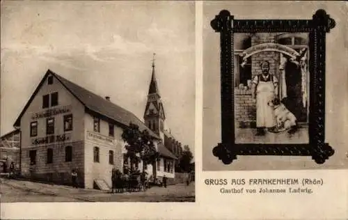 Ak Frankenheim in der Rhön, Gasthof von Johannes Ludwig, Metzger mit Hund