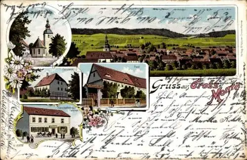 Litho Großmonra Kölleda Thüringen, Pfarrhaus, Kirche, Försterei, Post, Geschäftshaus Hähner