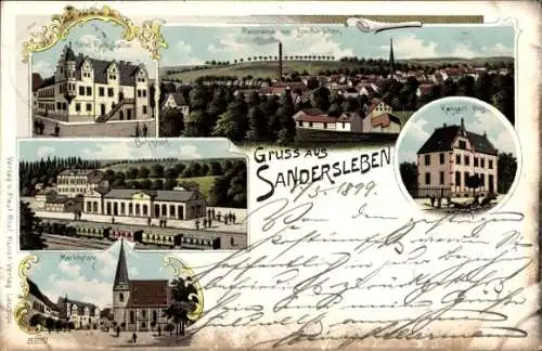 Litho Sandersleben in Anhalt, Hotel Rathskeller, Bahnhof, Kaiserliche Post, Marktplatz