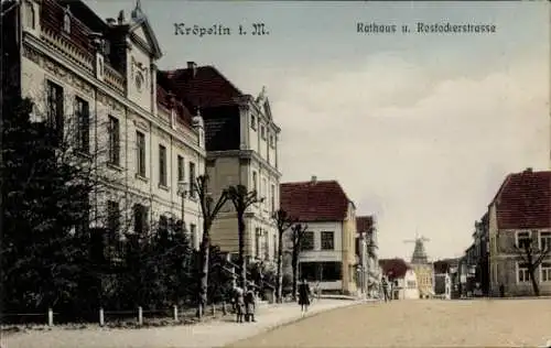 Ak Kröpelin in Mecklenburg, Rathaus, Rostocker Straße, Windmühle