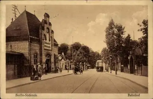 Ak Berlin Steglitz Südende, Bahnhof, Straßenseite, Straßenbahn